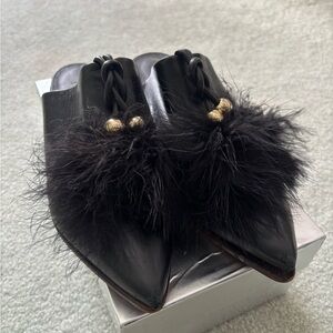 Tibi Satin Feather Trim Pointed-Toe Mules – Black – Size 7.5